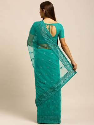 Blue embroidered net saree with blouse 2
