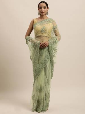 Green embroidered net saree with blouse 1