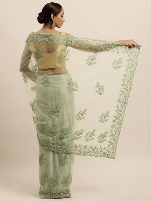 Green embroidered net saree with blouse 2