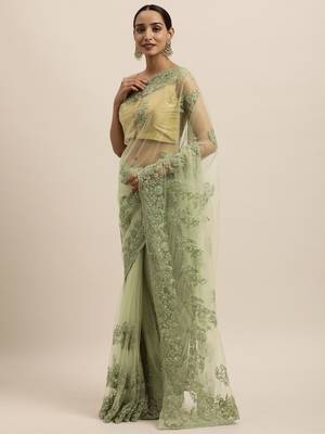 Green embroidered net saree with blouse 3
