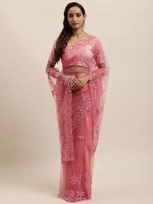 Pink embroidered net saree with blouse 1