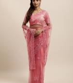 Pink embroidered net saree with blouse