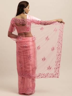 Pink embroidered net saree with blouse 2