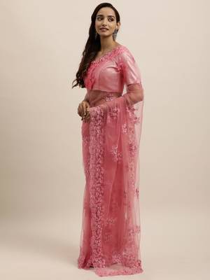 Pink embroidered net saree with blouse 3