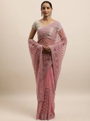 Pink Embroidered Net Saree With Blouse 1