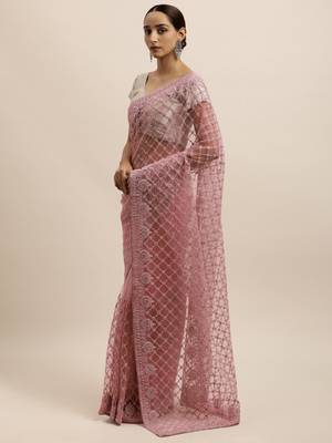 Pink Embroidered Net Saree With Blouse 3