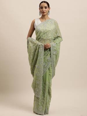 Green embroidered georgette saree with blouse 1