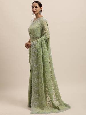 Green embroidered georgette saree with blouse 3