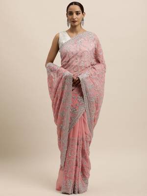 Pink embroidered georgette saree with blouse 1