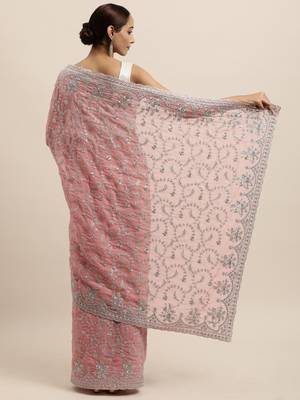 Pink embroidered georgette saree with blouse 2