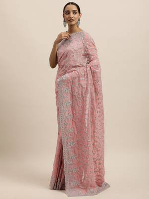 Pink embroidered georgette saree with blouse 3