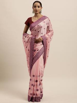 Peach embroidered art silk saree with blouse 1