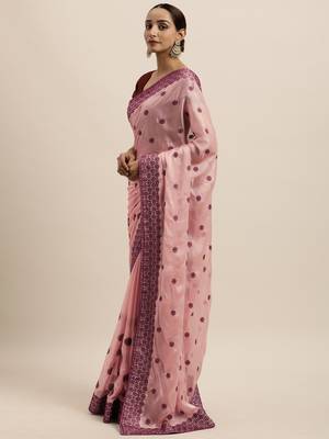 Peach embroidered art silk saree with blouse 3