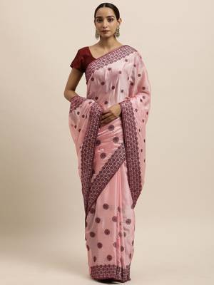 Pink Embroidered Art Silk Saree With Blouse 1