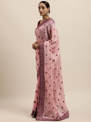 Pink Embroidered Art Silk Saree With Blouse 3