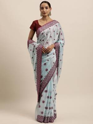 Blue embroidered art silk saree with blouse 1