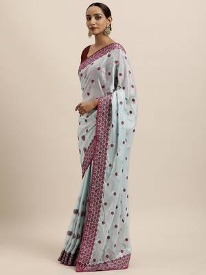 Blue embroidered art silk saree with blouse 3