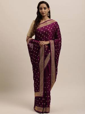 Wine embroidered art silk saree with blouse 1