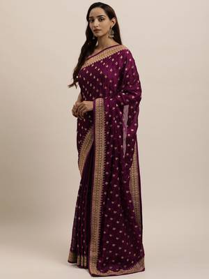 Wine embroidered art silk saree with blouse 3