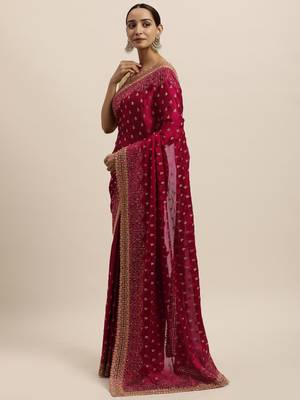 Red Embroidered Art Silk Saree With Blouse 3