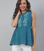 Janasya Teal embroidered cotton tunics