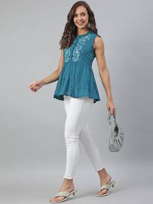 Janasya Teal embroidered cotton tunics 2