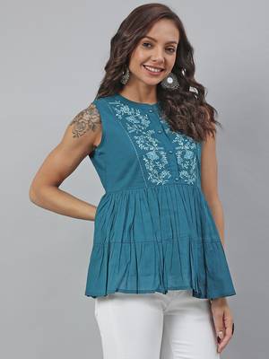 Janasya Teal embroidered cotton tunics 4