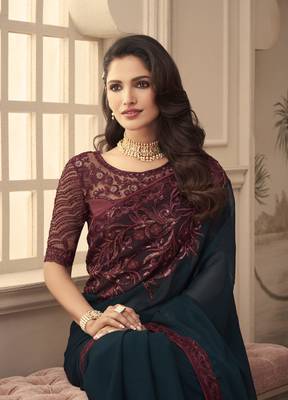 Black embroidered silk saree with blouse 2
