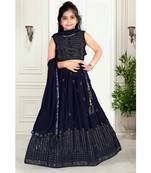 wedding designer navy blue pure georgette kidswear lehenga