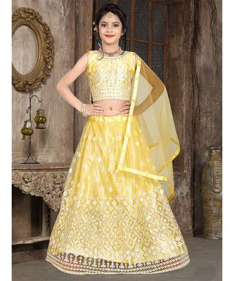 wedding designer light yellow net kidswear lehenga 1