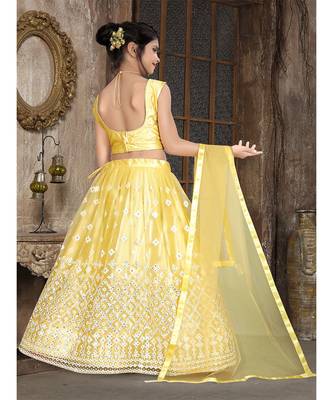 wedding designer light yellow net kidswear lehenga 3
