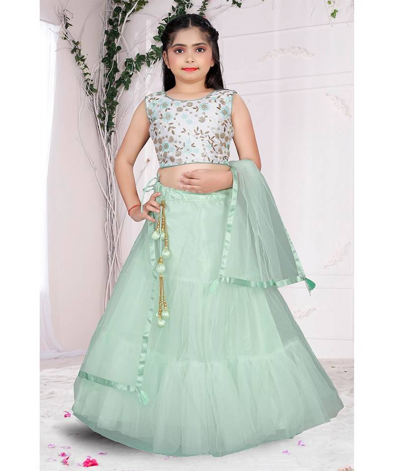 wedding designer mint green net kidswear lehenga