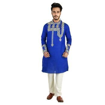 Rajveer Cotton Kurta With Sleeve & Chest Ethnic Embroideried Design 1