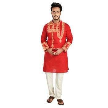 Rajveer Cotton Kurta With Sleeve & Chest Ethnic Embroideried Design 1
