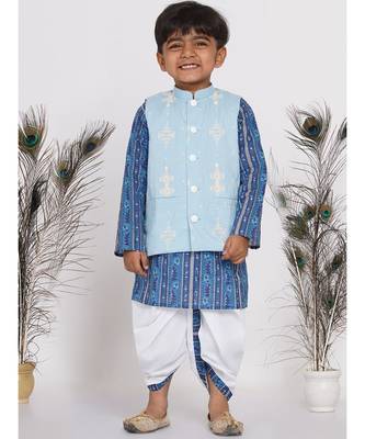 Little Bansi Floral Indigo Kurta with Nehru Jacket and Marwari Dhoti - Indigo Blue and White 1