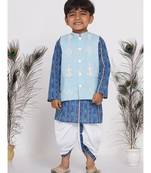 Little Bansi Floral Indigo Kurta with Nehru Jacket and Marwari Dhoti - Indigo Blue and White