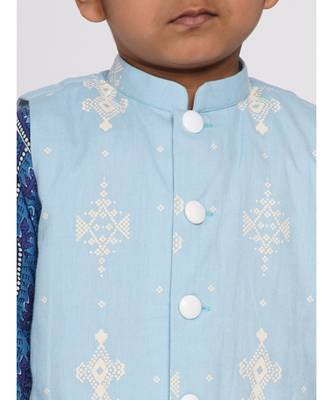 Little Bansi Floral Indigo Kurta with Nehru Jacket and Marwari Dhoti - Indigo Blue and White 2
