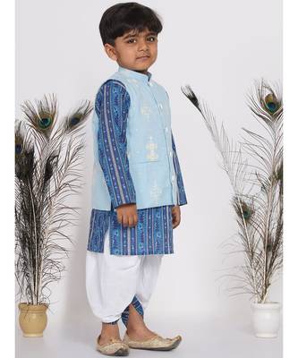 Little Bansi Floral Indigo Kurta with Nehru Jacket and Marwari Dhoti - Indigo Blue and White 3
