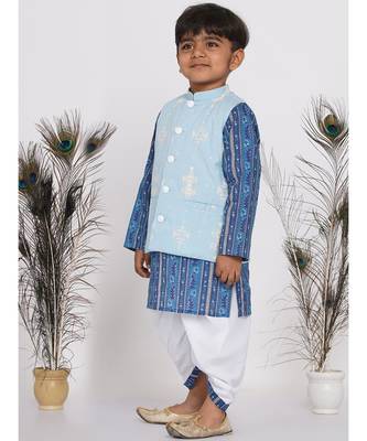 Little Bansi Floral Indigo Kurta with Nehru Jacket and Marwari Dhoti - Indigo Blue and White 4