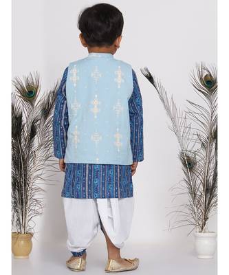 Little Bansi Floral Indigo Kurta with Nehru Jacket and Marwari Dhoti - Indigo Blue and White 5