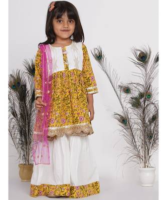 Little Bansi Embroider work Jaipuri Floral Kurta Frock with Sharara and Dupatta - White & Yellow 1