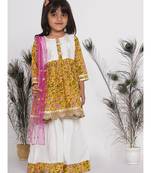 Little Bansi Embroider work Jaipuri Floral Kurta Frock with Sharara and Dupatta - White & Yellow