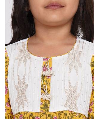 Little Bansi Embroider work Jaipuri Floral Kurta Frock with Sharara and Dupatta - White & Yellow 2