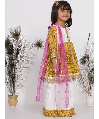 Little Bansi Embroider work Jaipuri Floral Kurta Frock with Sharara and Dupatta - White & Yellow 3