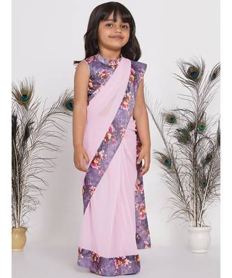 Little Bansi Floral print ready to wear saree and blouse - Lavender 3
