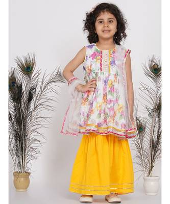 Little Bansi Floral Sequence frock kurta with Lacework and Gota sharara and lacework duppata - White & Yellow 1
