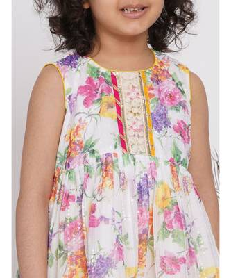 Little Bansi Floral Sequence frock kurta with Lacework and Gota sharara and lacework duppata - White & Yellow 2