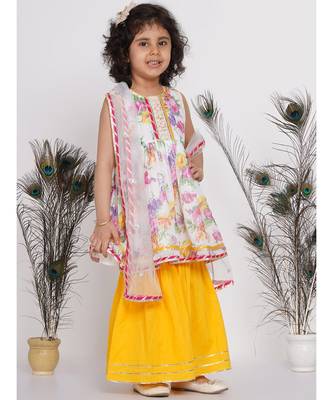 Little Bansi Floral Sequence frock kurta with Lacework and Gota sharara and lacework duppata - White & Yellow 3