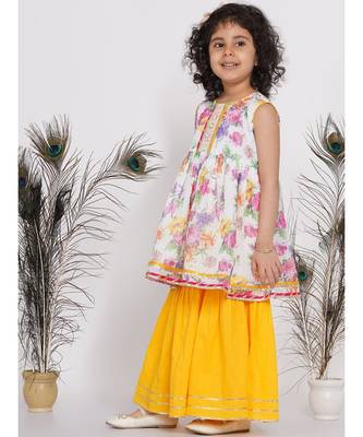 Little Bansi Floral Sequence frock kurta with Lacework and Gota sharara and lacework duppata - White & Yellow 4
