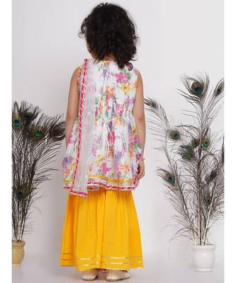 Little Bansi Floral Sequence frock kurta with Lacework and Gota sharara and lacework duppata - White & Yellow 5